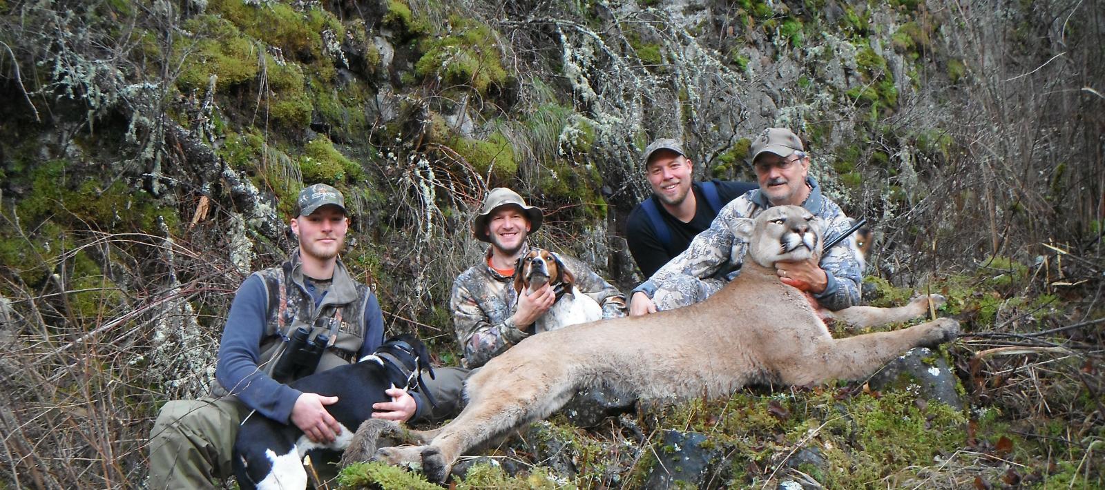 Mountain lion with hunter, guides, & dogs Mountain Lion
